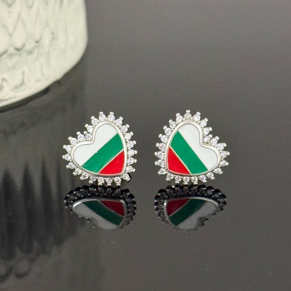 Bulgaria Flag Earrings Heart bling S925 Sterling Silver Handmade Ear Stud